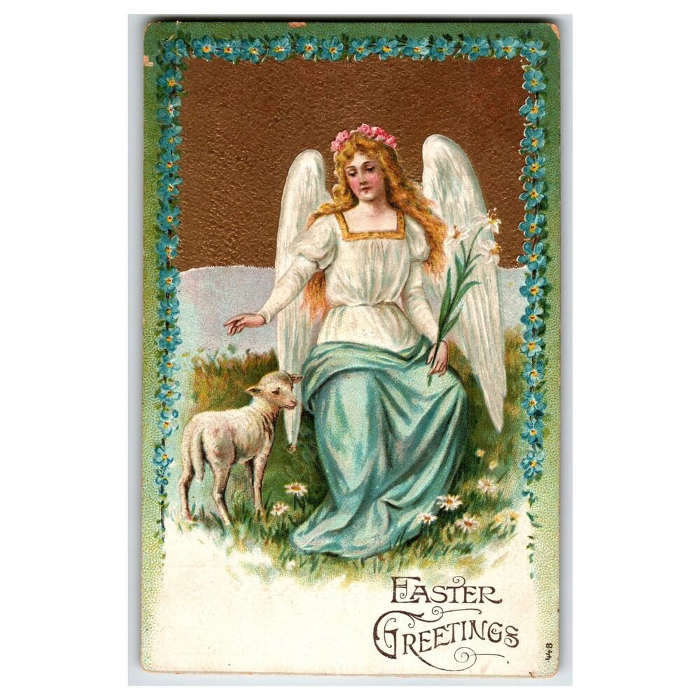 Otto Schloss Easter Greetings Angel Lamb Lilies Postcard Printed Germany Emboss